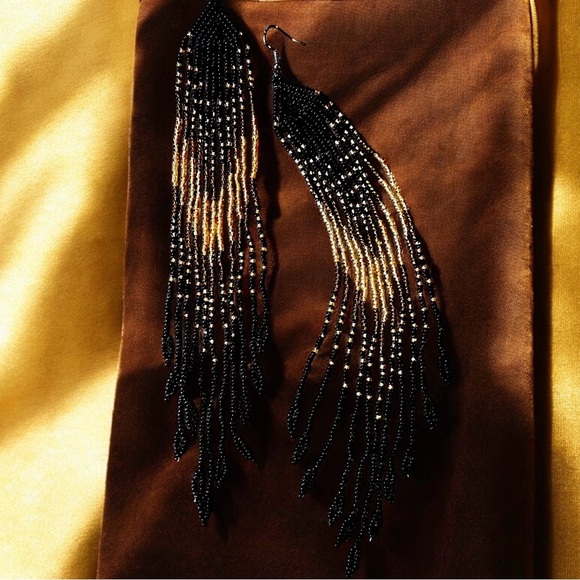 Sexy Dramatic Black and Gold Glass Beaded Fringe Earrings Handmade - Picture 14 of 16